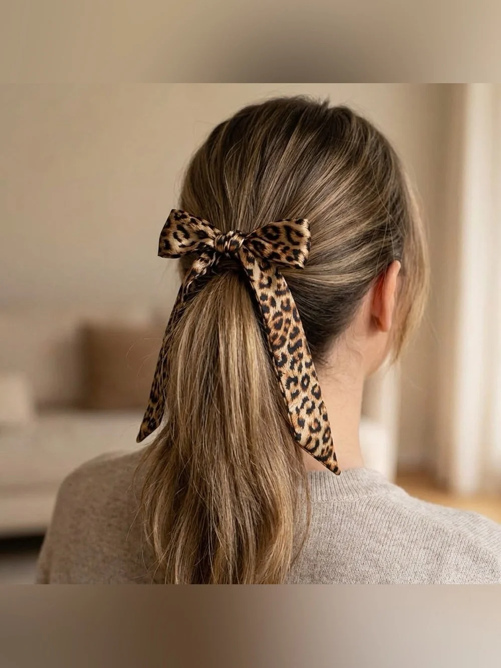 Leopard Print Twilly Scarf Hair Bag Tie Satin Brown and Gray Tones Set of 2
